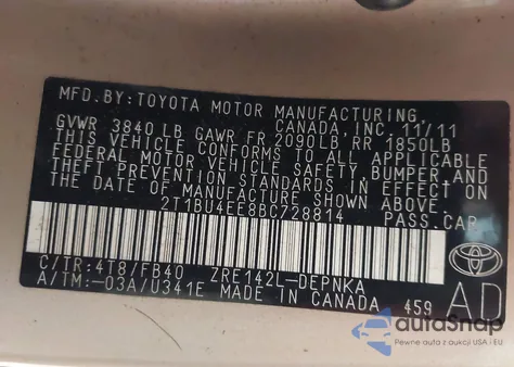 2011 Toyota Corolla Le z USA, uszkodzony, nr VIN 2T1BU4EE8BC728814